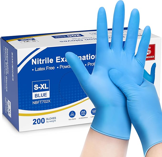 Schneider Nitrile Exam Gloves, Blue, 4 mil, Powder-Free, Latex-Free, for Medical Exam, Cleaning and Food Prep, Non-Sterile