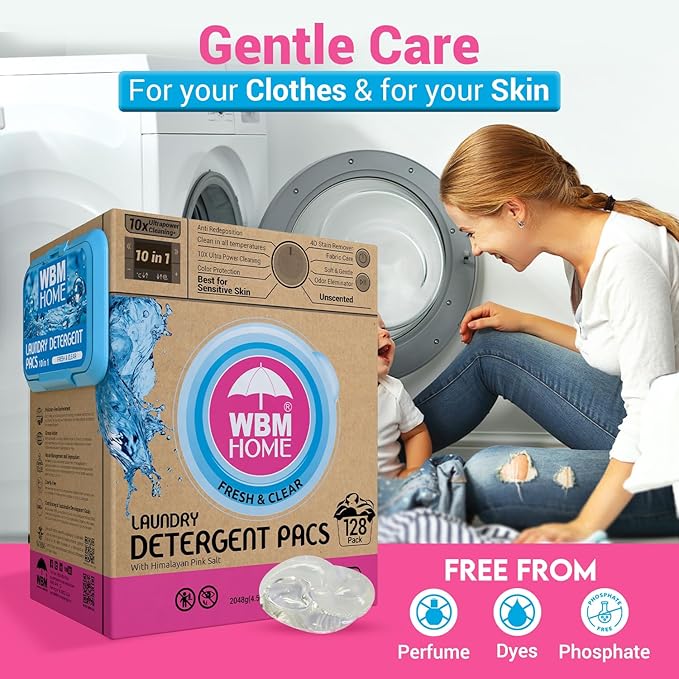 WBM Laundry Detergent Pods, 128 Count | Fresh & Clear Unscented | Laundry Pods 10x Ultrapower Cleaning With Color Protection and Eco-Friendly Packaging