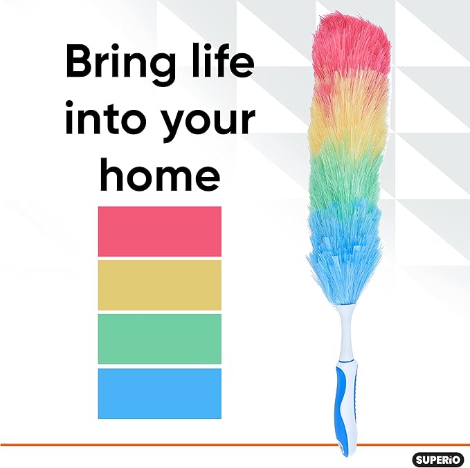 Superio Rainbow Feather Duster for Cleaning, 2 Pack Plastic Dust Remover with Grip Handle, Great for Homes, Ceilings, Fans, and Furniture