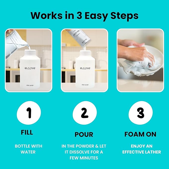 Eco Friendly Foaming Dish Soap Starter Set, Reusable Aluminum Soap Dispenser, 3 Zero Waste, Non Toxic, Concentrated Powder Refills Make 3x12oz (36 oz Total) of Foaming Dish Detergent (Unscented)