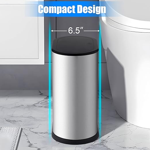 Anzoymx Stainless Steel Bathroom Trash Cans 1.8 Gallons Small Garbage Can with Pop up Lid, Dog Proof Narrow Wastebasket, Slim Waterproof Litter Trash Bins Set for Bedroom, Toilet, Office (Silver)