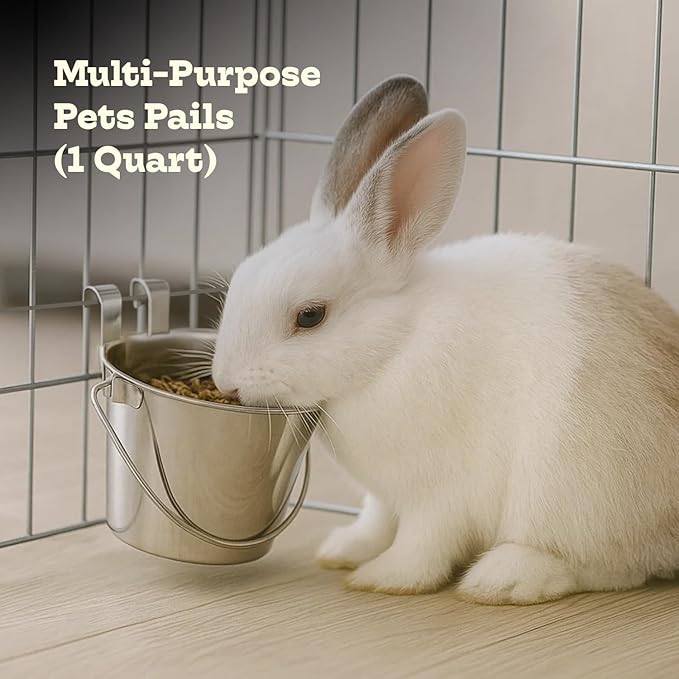 1 Quart Stainless Steel Flat Sided Bucket with Dual Hooks | Durable Food & Water Bowl for Dog Cat Bird & Small Animals | Fits kennel Cage Critter Crate Hanging Pet Pail | Multipurpose use