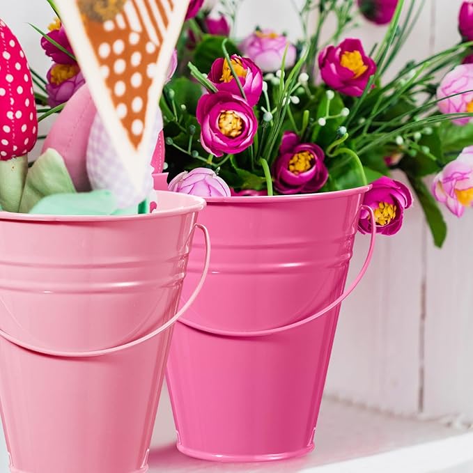 Sadnyy 12 Pack Metal Buckets with Handle, Galvanized Bucket 4.5 x 5 Inch Basket Bucket Party Supplies, Crafts for Christmas Halloween Candy Bars Vase Crafts(Pink)