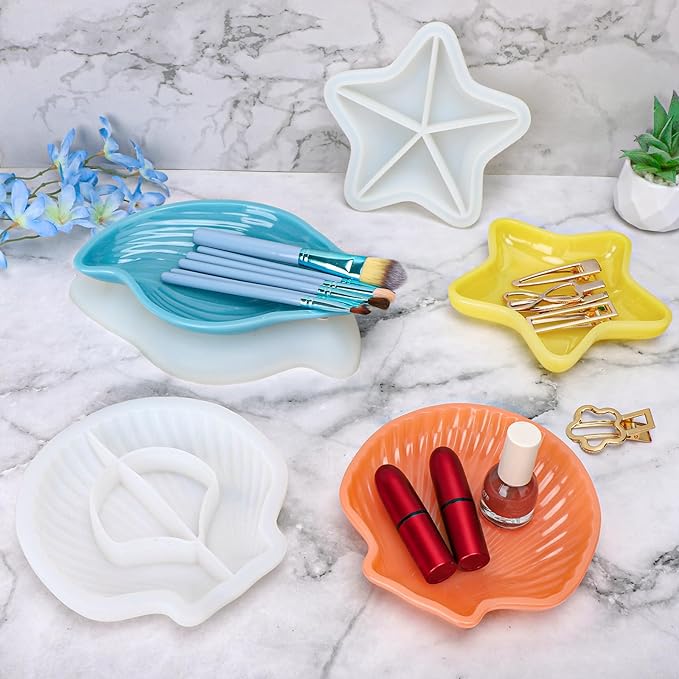 Gartful 3 Pieces Tray Resin Molds, Silicone Jewelry Dish Molds, DIY Storage Container Epoxy Casting Molds for Jewelry Ring Holders, Soap Dish, Candle Holder, 3 Large Styles(Conch & Star & Shell)