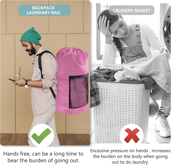 Laundry Bag Backpack,Olosar 2PCS Extra Large Travel Laundry Bag with Mesh Pocket & Adjustable Shoulder Straps,Dirty Clothes Travel Bag for College Students Dorm,Apartment(Pink)