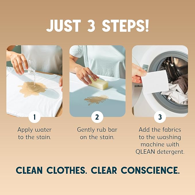 QLEAN Vegan Stain Remover Bar for Fabrics, Laundry Bar Soap for Clothes – Plant-Based, Travel-Friendly Stain Remover for Grease, Wine, Coffee, Grass & More – Non-Toxic & Safe for Delicates (3)