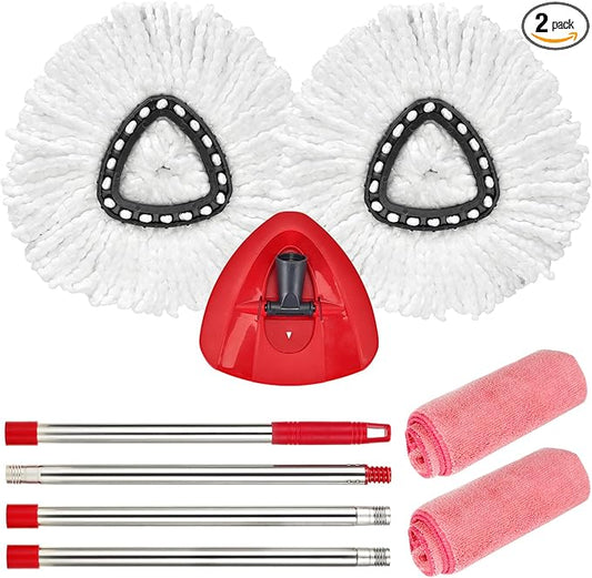 Matthew Spin Mop Replace Head Kit,Base,Handle Compatible with EasyWring Microfiber Spin Mop,2 Mop Refills Replacement Heads,30-58in Mop Handle and 1 Mop Base Combo Set White (1-Tank System)