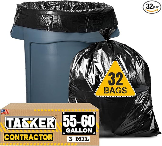 Tasker Contractor Garbage Bags 55 Gallon Heavy Duty 3 Mil (32 Count w/Ties) 60 Gal Contractor Bags 3 Mil. 55 Gallon Heavy Duty X-Large Black Trash Bags 50 Gal,