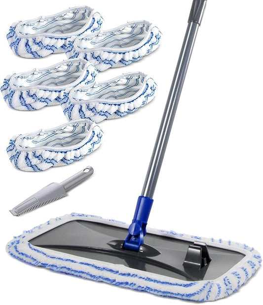 Masthome Extra Large Microfiber Mop for Floor Cleaning, 16“ Flat Mop with 5 Pad for Wet & Dry Use, Dust Mop for Hardwood Laminate Tile Ceramic, 1 Cleaning Scraper Included-Blue