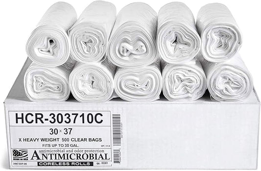 Aluf Plastics High Density Trash Bags, 30 Gallon, 500 Count, 10 Micron (eq), 30" x 37", Clear, for Bathroom, Office, Industrial, Commercial, Janitorial, Municipal, Recycling