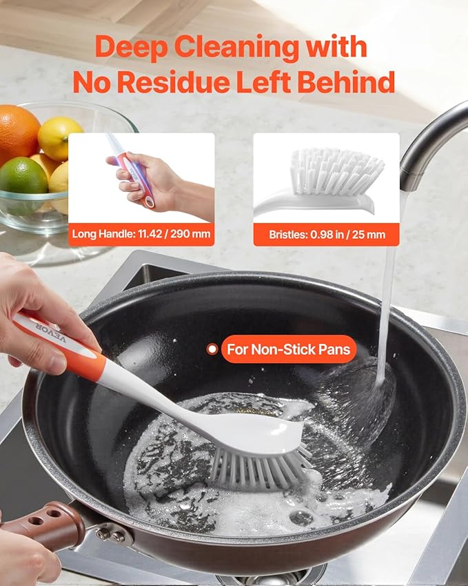 VEVOR Dish Brush, 4 Pack Kitchen Scrub Brushes with PP Handle, Dish Cleaning Brushes with Curved Bristles, Ideal for Pots, Pans, Sink and Stove, 2 Gray + 2 Orange