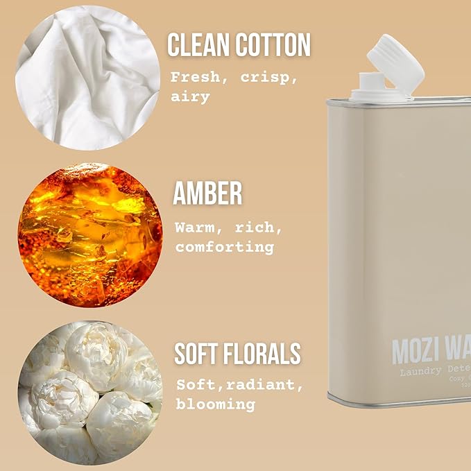 Mozi Wash Laundry Detergent Liquid, Cozy Cashmere- Amber & Floral, 50+ Loads, Concentrated, Non toxic, Plant Based Enzyme Cleaners, Long Lasting Luxury Clean, 32 oz Recyclable Bottle