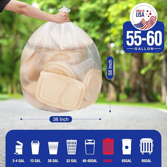 Delxo 55-60 Gallon Clear Trash Bags, 100 Count – 0.9 Mil Medium Duty Garbage Bags, Thick, Durable & Puncture-Resistant Plastic, Perforated Design – Made in USA for Kitchen, Yard, Office & Party