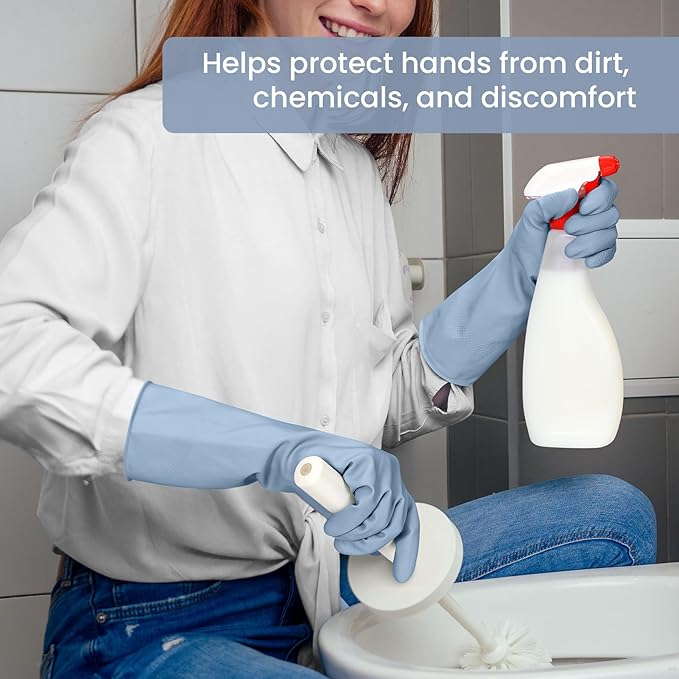 Rubber Cleaning Gloves for Dishwashing, 4 Pairs Reusable Kitchen Gloves for Washing Dishes and Household Cleaning, Blue Dish Gloves with Flocked Lining and Non-Slip Grip, Pefect for Woman Men - L