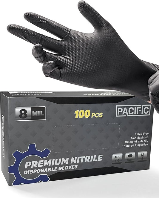 PACIFIC PPE 8 Mil Heavy Duty Black Nitrile Gloves, Food Safe, Latex Free, Mechanic, Fully-Diamond Textured Grip Industrial Disposable Gloves, Medium