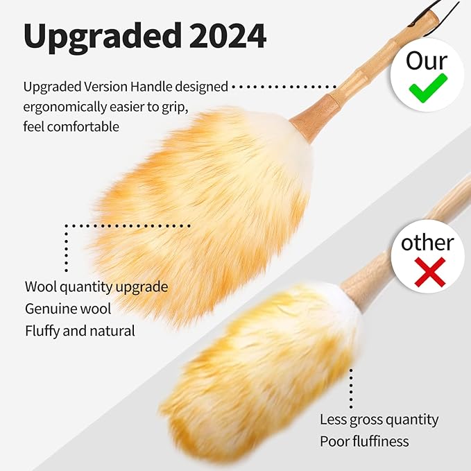 Feather Duster, Lambswool Duster for Cleaning,with Solid Wooden Handle,Leather Hang Strap,Anti-Static 14.9 inch Washable Reusable Small Hand Duster(Natural) for Office, Home and Car