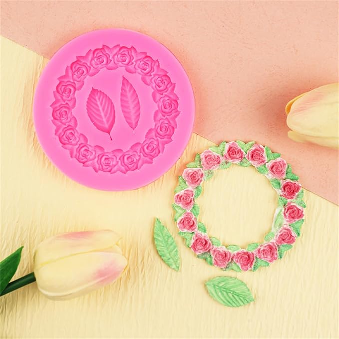 2pcs Round Rose Wreath Leaves Fondant Chocolate Candy Silicone Mold Cake Decorating Baking Pastry Tools Soap Resin Polymer Clay Mould