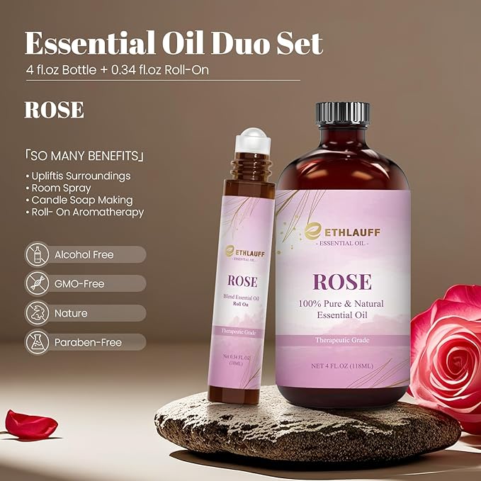 Rose Essential Oil (4 oz/120 ml) — Rose Oils for Aromatherapy, diffusers, humidifiers, Home fragrances, DIY Skincare, soap Making, DIY Candle, Relaxation, Yoga, and Meditation
