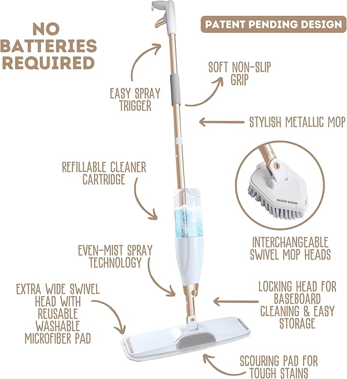 Quick Shine Ultimate Gold Spray Mop Kit | All-in-One 10 Piece Kit w/ Interchangeable Attachments | No Batteries Needed | Pro Cleaning System for All Floor Types | 2-in-1 Mop