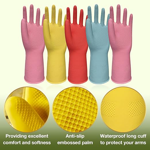 Rubber Cleaning Gloves 5 Pairs Kitchen Dishwashing Gloves Reusable for Household Washing Dishes Cleaning Gardening, Non-Slip Water Resistant Dish Gloves for Women Men Medium