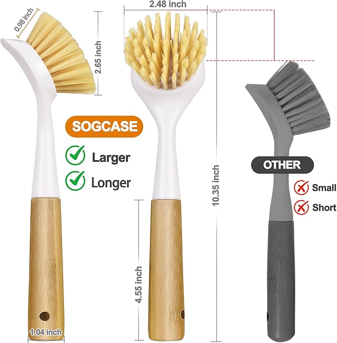Dish Brush, Large Scrub Brush with Bamboo Handle Kitchen Brushes Built-in Scraper for Cleaning Pot, Sink, Stove Skillet, Pans and Grill Pan - 2 Pack