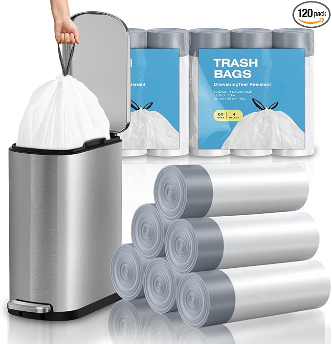 2.6 Gallon Mini Drawstring Trash Bags, Small Garbage Bags by KSSKSS, Code a fit 10-15 Liter, 2.6-4 Gal, White Trash Bin Liners for Home Office Kitchen Bathroom Bedroom, 120 Counts
