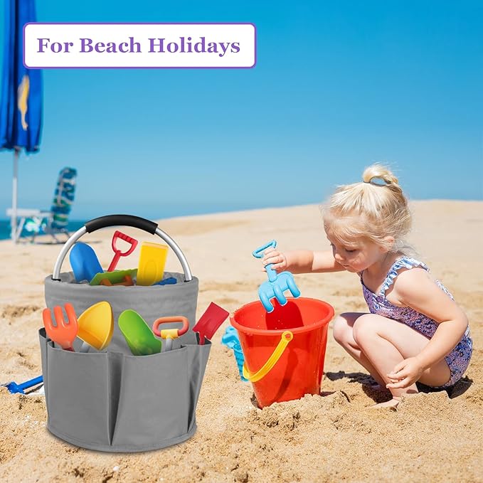 17L Cleaning Caddy for Cleaning Supplies, 2Pieces Portable Garden Tool Bag with 6 Pockets, Foldable Tool Bucket Organizer, Storage Basket for Bathroom, Garden, Dark Gray + Navy Blue