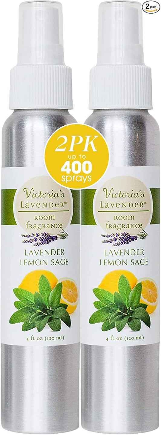 Victoria's Lavender Room Spray - All-Natural Air Freshener, Made in the USA, Essential Oil Concentrated, Bathroom Odor Eliminator, Luxury Room Spray, 2-Pk Lavender Lemon Sage, 4 oz