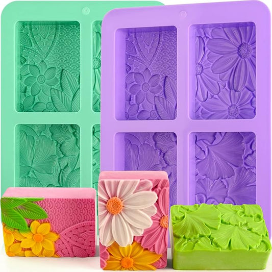 HUAKENER 2 Pack Silicone Soap Molds, Rectangle Soap Making Mold, 3D Rectangular Flower Pattern Silicone Molds for Handmade Soap, Bath Bombs, Candle, Chocolate