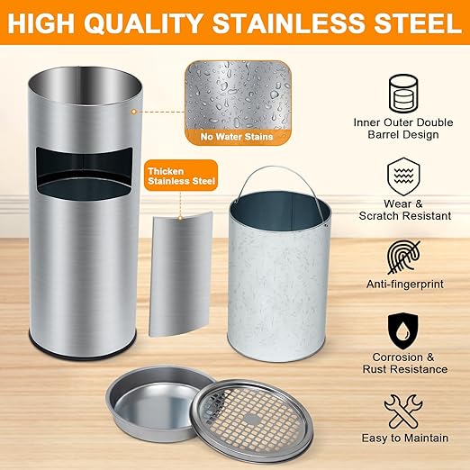 GarveeHome 4.5 Gallon/17 l Indoor Outdoor Trash Can, Commercial Garbage Can with Removable Inner Bucket, Stainless Steel Ashtray Metal Can, Waste Bin Container with Lid for Outside Patio