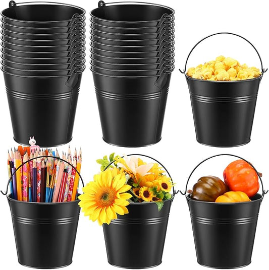 Rtteri 24 Pcs Metal Bucket 5 x 3.5 x 4.7 Inch Mini Party Buckets for Flower Pot Plant Basket Iron Small Metallic Pails with Handle for Container Candy Snack Crafts Vase Party Favors(Black)