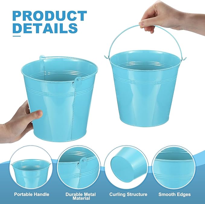PATIKIL 7"x6.4" Small Metal Buckets with Handle, 6 Pcs Mini Galvanized Bucket Colorful Easter Buckets for Crafts Party Favors Decoration, Blue
