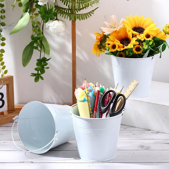 Rtteri 24 Pcs Metal Bucket 5 x 3.5 x 4.7 Inch Mini Party Buckets for Flower Pot Plant Basket Iron Small Metallic Pails with Handle for Container Candy Snack Crafts Vase Party Favors(White)