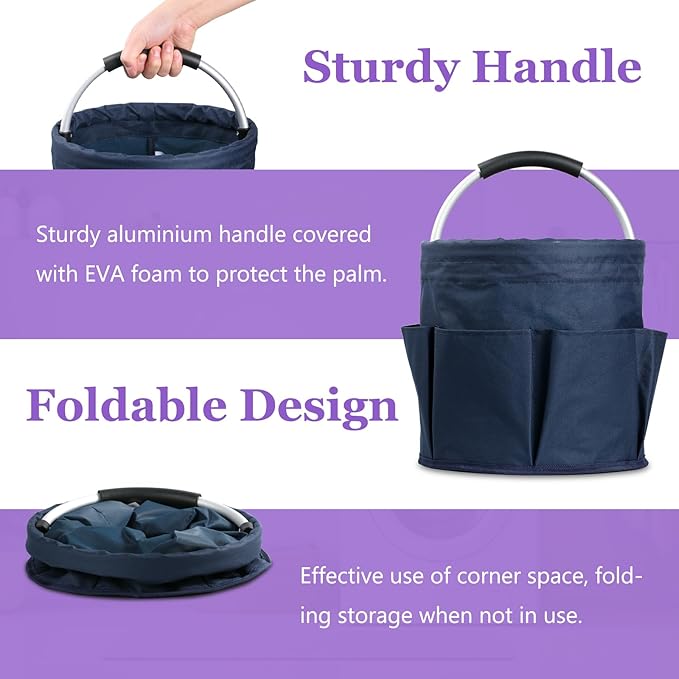 17L Bucket Tool Organizer with 6 Side Pockets, 2Pcs Collapsible Cleaning Caddy with Handle, Folding Gardening Tool Bag, Multifunctional Storage Basket for Garden, Bathroom, Black + Navy Blue