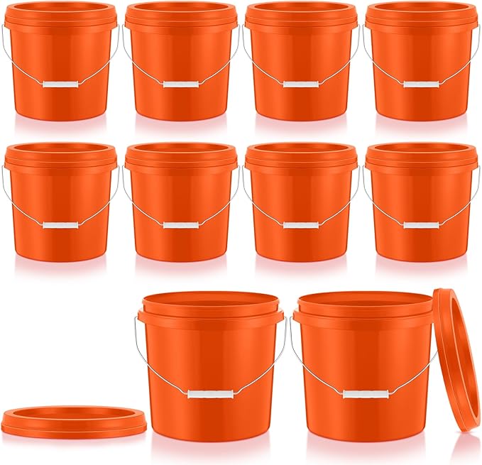 Tioncy 10 Pcs 2 Gallon Plastic Bucket with Lid Heavy Duty 2 Gallon Bucket Pail with Lid Handle for Storage Container Home Household Cleaning (Orange)