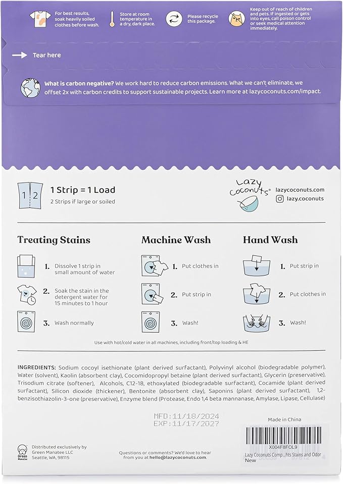 Lazy Coconuts Complete 5 Enzyme Laundry Detergent Strips - Unscented, 48 Loads - Sulfate Free Laundry Detergent With Solid And Liquid Enzymes - Fights Natural Stains and Odor