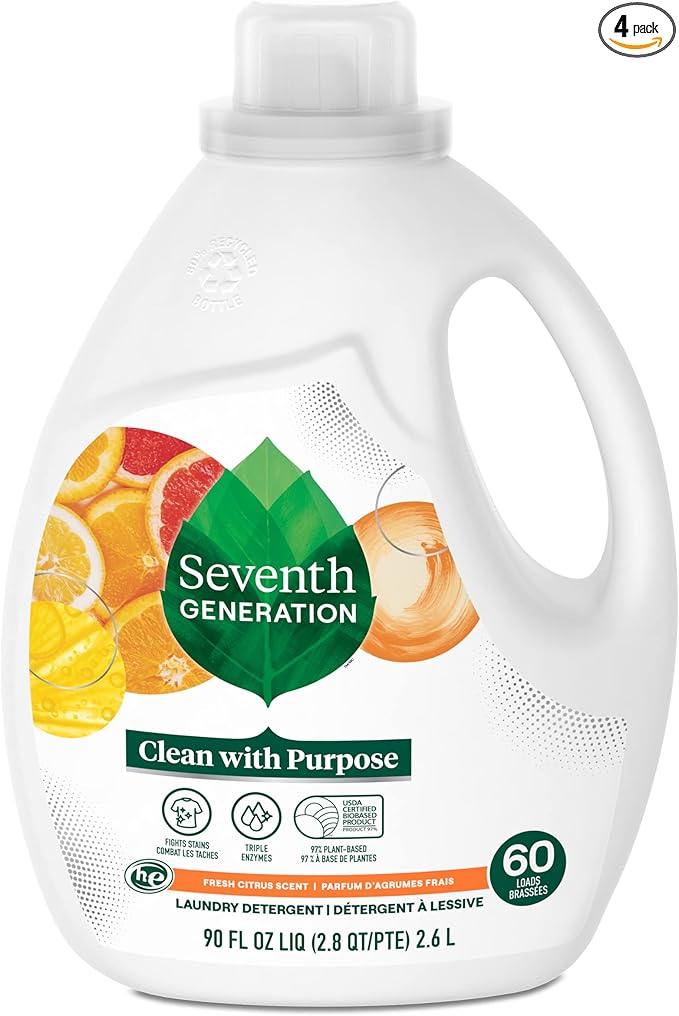 Seventh Generation Fresh Citrus Scent Liquid Laundry Detergent, 60 Loads, Dyes Free, 90 Fluid Ounces (Pack of 4)