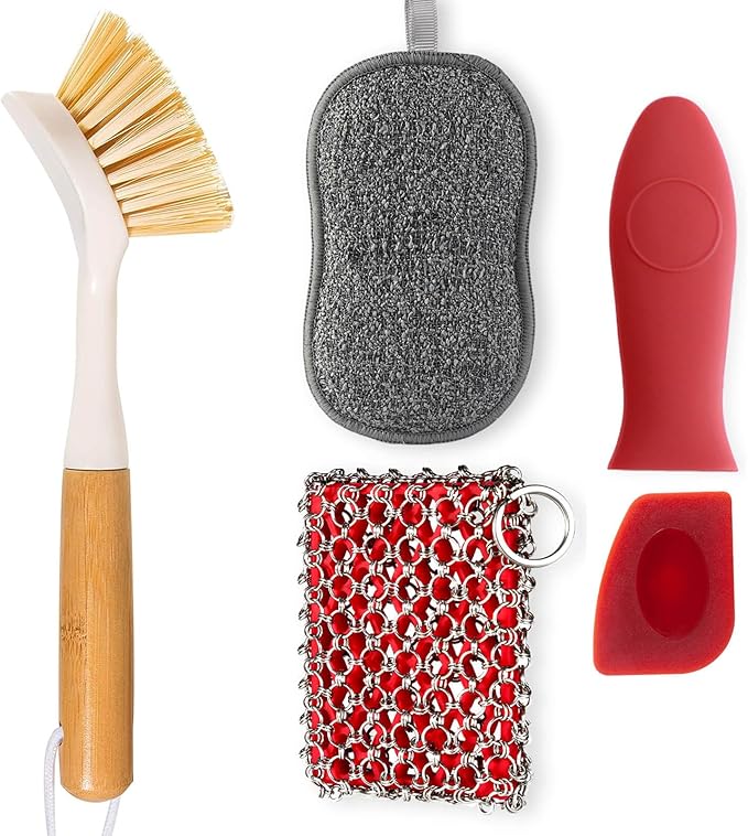 TEZZ 5 Pieces Cast Iron Cleaner Kit Include Stainless Steel Chainmail Scrubber, Dish Scrub Brush, Dual Sided Kitchen Dish Scrubber Sponge, Hot Handle Holder For Cleaning Cast Iron Skillets, Pot & Pans