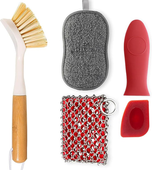 TEZZ 5 Pieces Cast Iron Cleaner Kit Include Stainless Steel Chainmail Scrubber, Dish Scrub Brush, Dual Sided Kitchen Dish Scrubber Sponge, Hot Handle Holder For Cleaning Cast Iron Skillets, Pot & Pans