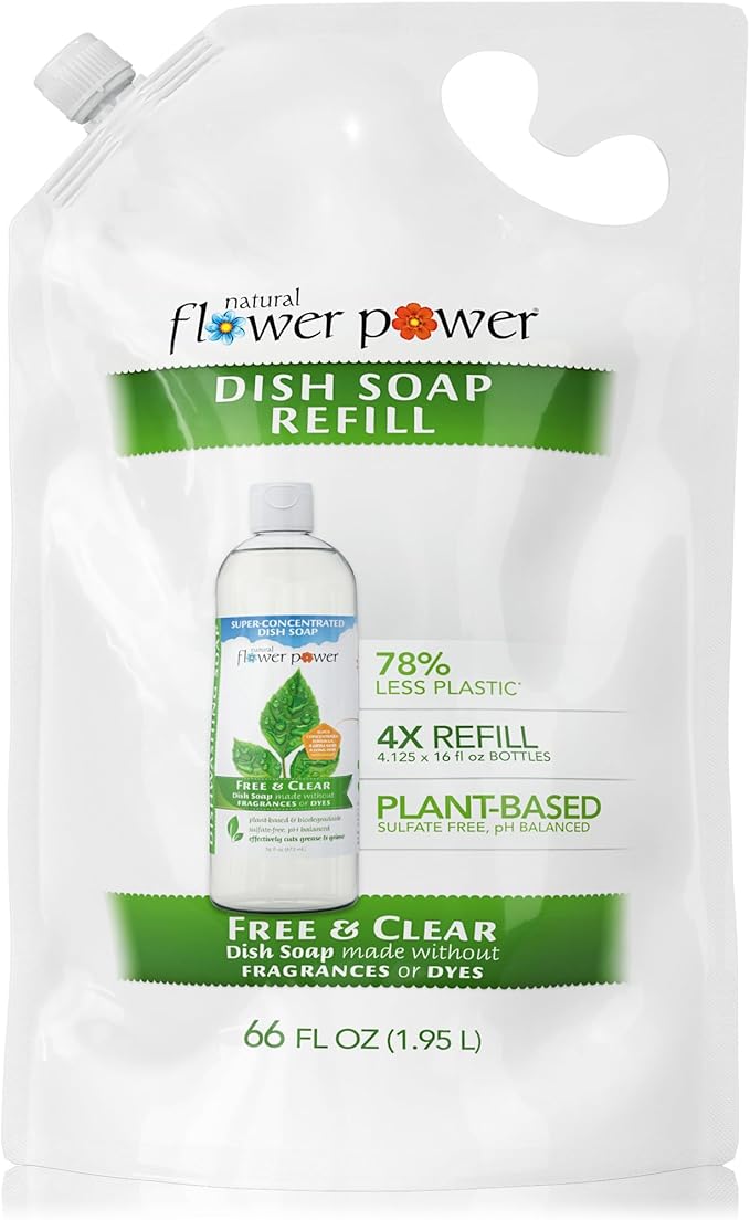 Natural Flower Power Liquid Dish Soap Refill – 66 Fl Oz Refills 4X – Plant-Based & Scented w/Pure Essential Oils – Natural Dishwashing Detergent – Sulfate-Free Kitchen Soap (Unscented)