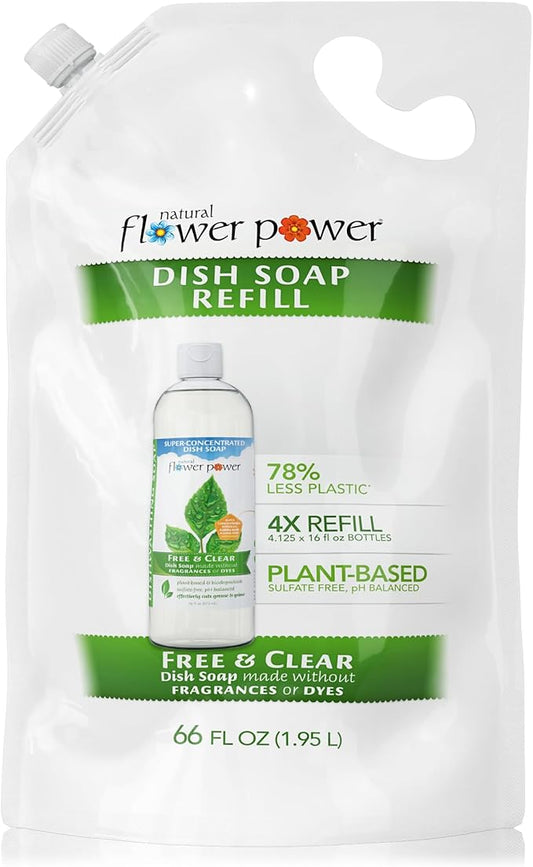 Natural Flower Power Liquid Dish Soap Refill – 66 Fl Oz Refills 4X – Plant-Based & Scented w/Pure Essential Oils – Natural Dishwashing Detergent – Sulfate-Free Kitchen Soap (Unscented)