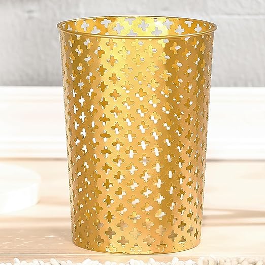 Metal Gold Trash Can, 7.28" D x 10" H Modern Cylindrical Gold Garbage Can, Durable Metal Waste Basket for Office Bathroom & Small Spaces
