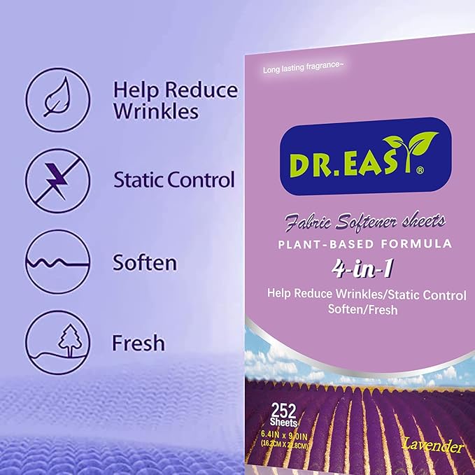 DR.EASY Dryer Sheets Plant Based Formula 252 Ct Fabric Softener sheets for Laundry Lavender Essential Oil Scented No Artificial Fragrances No Dyes Reduce Static & Wrinkles Help Repel Pet Hair