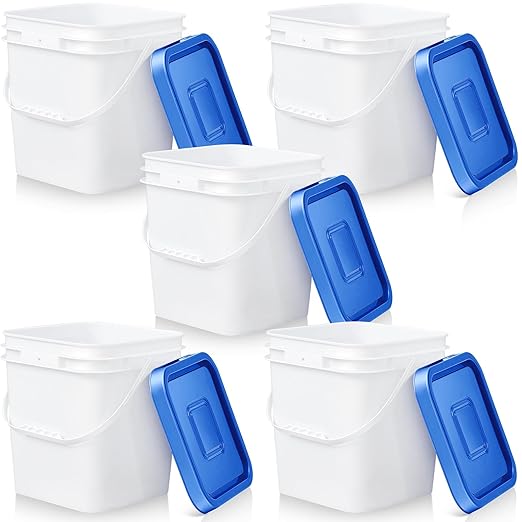 Mumufy 5 Pcs 3.5 Gallon Square Food Grade Bucket with Lid Square Bucket Pail with Plastic Handles for Storing Dry Food, Charcoal, Camping, Fishing (Blue Lid)