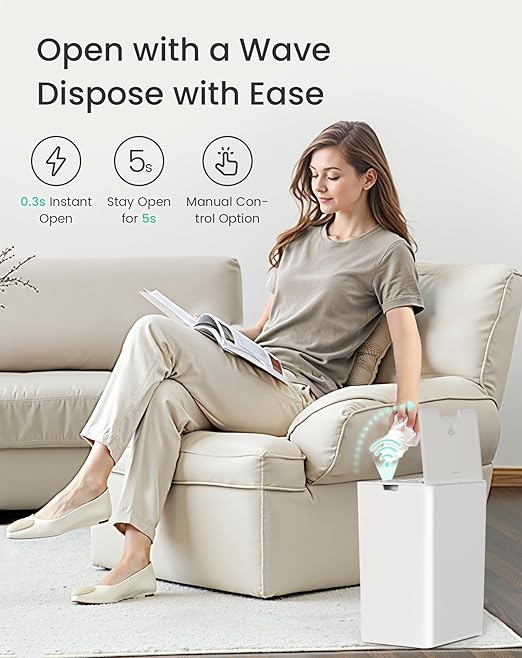 Cesun 4 Gallon Bathroom Trash Can with Lid, Small Automatic Trash Can, Touchless Motion Sensor Garbage Can, White Plastic Waste Basket for Bathroom, Bedroom, Toilet, Office, Rv