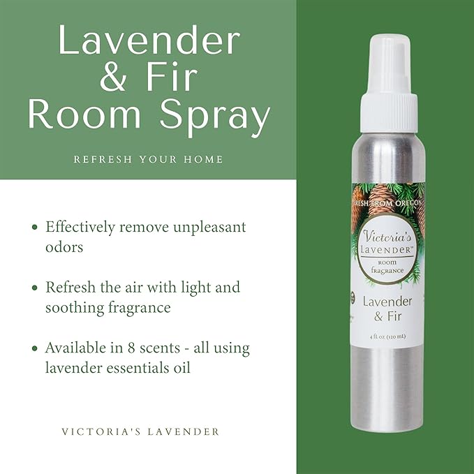 Victoria's Lavender Room Spray, All Natural Home Atmosphere Essential Oil Concentrated Room Spray Air Freshener, Bathroom Odor Eliminator, Luxury Spray Made in the USA, Lavender & Fir - 1 Pk (4 Fl Oz)