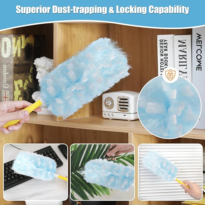 40 Count 360° Heavy Duty Duster Refills Compatible with Swiffer, Large Size-Extra Thick Disposable Electrostatic Duster Refill with 1 Short Handle for Furniture, Blinds, Ceiling Fans(Blue)