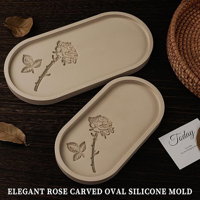 Wehous Oval Tray Molds for Resin Concrete, 2 Size Rose Carved Oval Silicone Mold, Tray Epoxy Resin Casting Mold for Jewelry Holder Bathroom Vanity Tray Candle Holder Storage Floral Crafts Gift