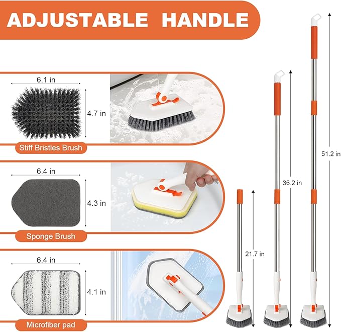 Long Handled Scrub Brush for Shower，3-in-1 Cleaning Brushes with 3 Different Function Cleaning Heads Brush for Shower Cleaning Bathroom Kitchen Walls Tub Tile