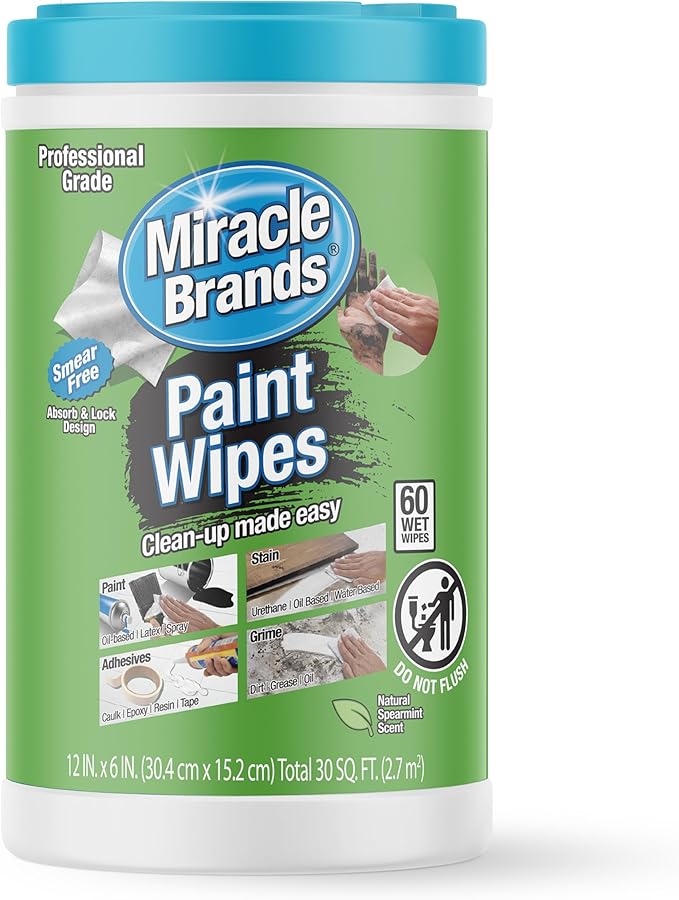MiracleWipes for Paint Prep & Cleanup, Remove Tough Grime Build-Up, Wet Paint, Caulking, Epoxy, Colorant, and more from Hands, Surfaces, & Tools - 60 Count
